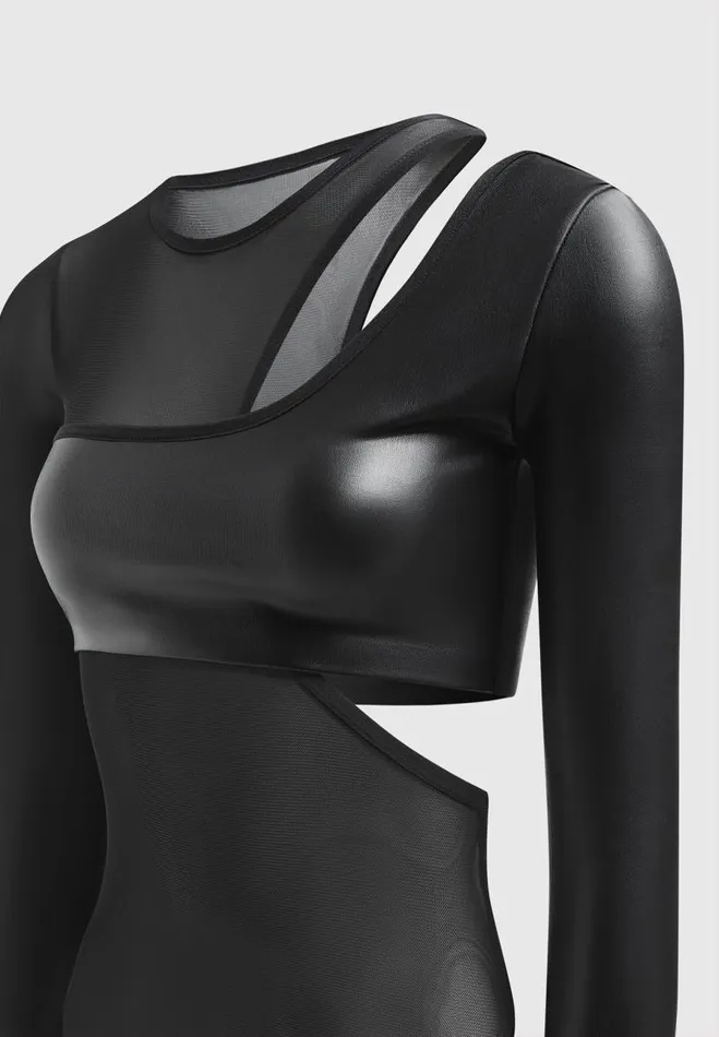 Manire De Voir Bodysuits Manire De Voir Woman Vegan Leather Overlay Mesh Bodysuit 8211 Black