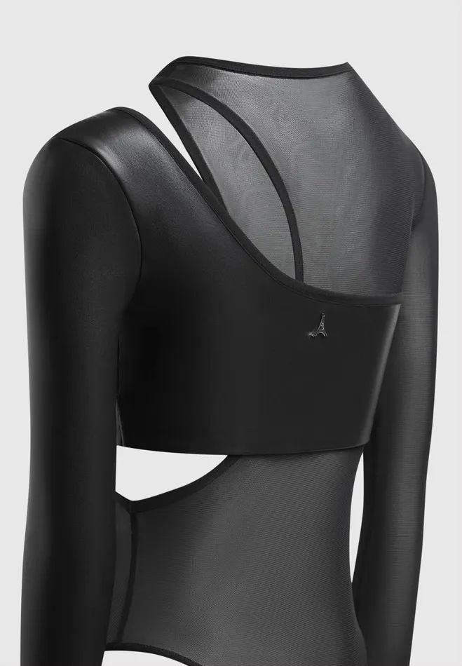 Manire De Voir Bodysuits Manire De Voir Woman Vegan Leather Overlay Mesh Bodysuit 8211 Black