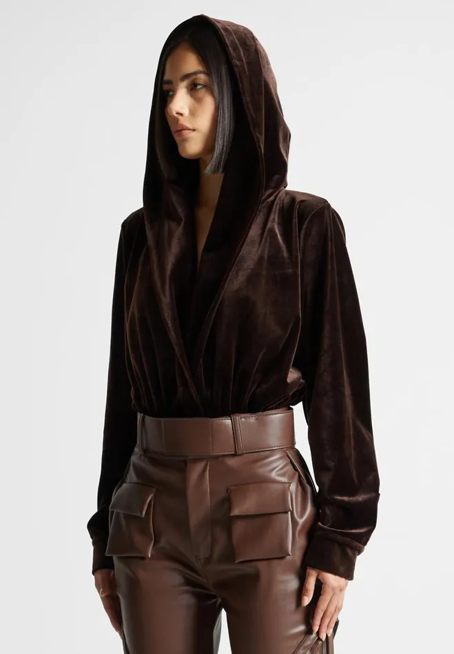 Manire De Voir Bodysuits Manire De Voir Woman Velour Hooded Bodysuit 8211 Brown Manire De Voir Bodysuits Manire De Voir Woman Velour Hooded Bodysuit 8211 Brown