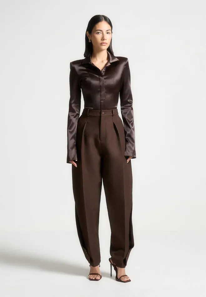 Manire De Voir Bodysuits Manire De Voir Woman Wide Shoulder Satin Shirt Bodysuit 8211 Brown Manire De Voir Bodysuits Manire De Voir Woman Wide Shoulder Satin Shirt Bodysuit 8211 Brown