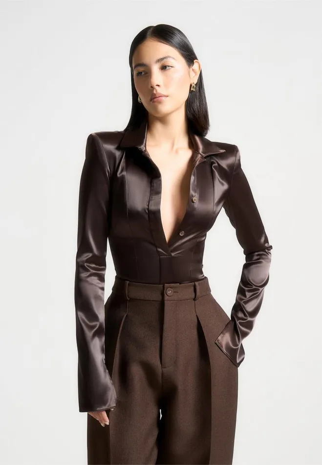 Manire De Voir Bodysuits Manire De Voir Woman Wide Shoulder Satin Shirt Bodysuit 8211 Brown