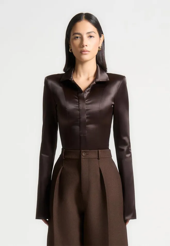 Manire De Voir Bodysuits Manire De Voir Woman Wide Shoulder Satin Shirt Bodysuit 8211 Brown
