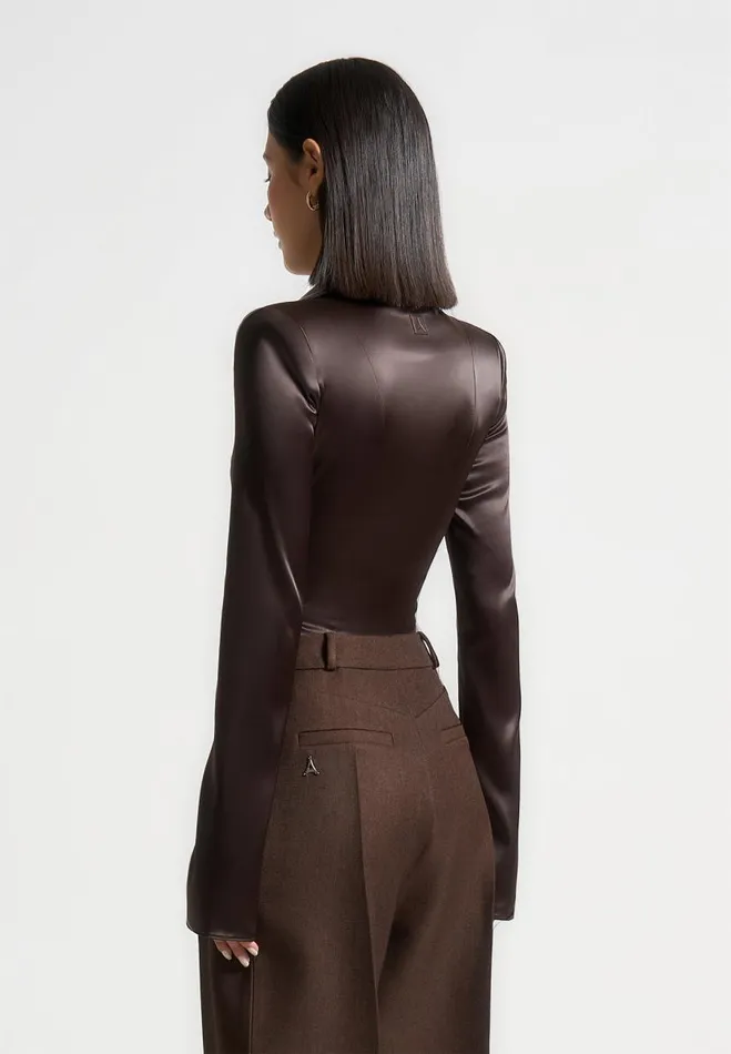 Manire De Voir Bodysuits Manire De Voir Woman Wide Shoulder Satin Shirt Bodysuit 8211 Brown