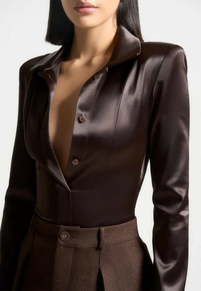 Manire De Voir Bodysuits Manire De Voir Woman Wide Shoulder Satin Shirt Bodysuit 8211 Brown