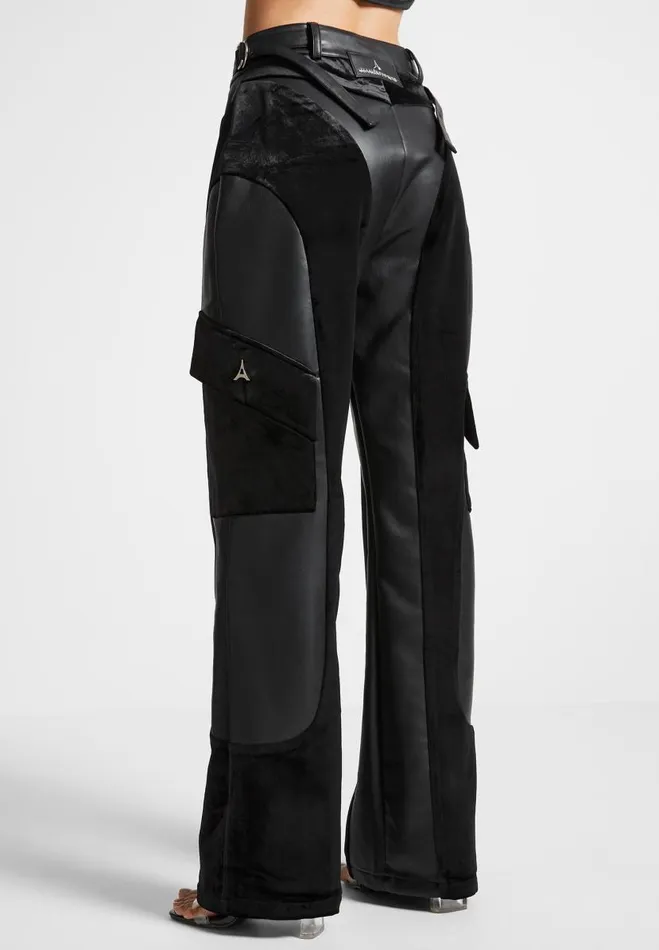 Manire De Voir Cargo Pants and Joggers Manire De Voir Woman Vegan Leather And Velvet Cargo Pants 8211 Black