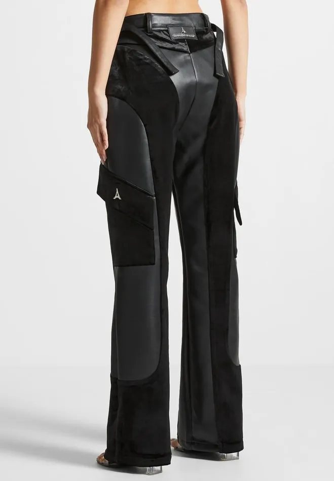 Manire De Voir Cargo Pants and Joggers Manire De Voir Woman Vegan Leather And Velvet Cargo Pants 8211 Black