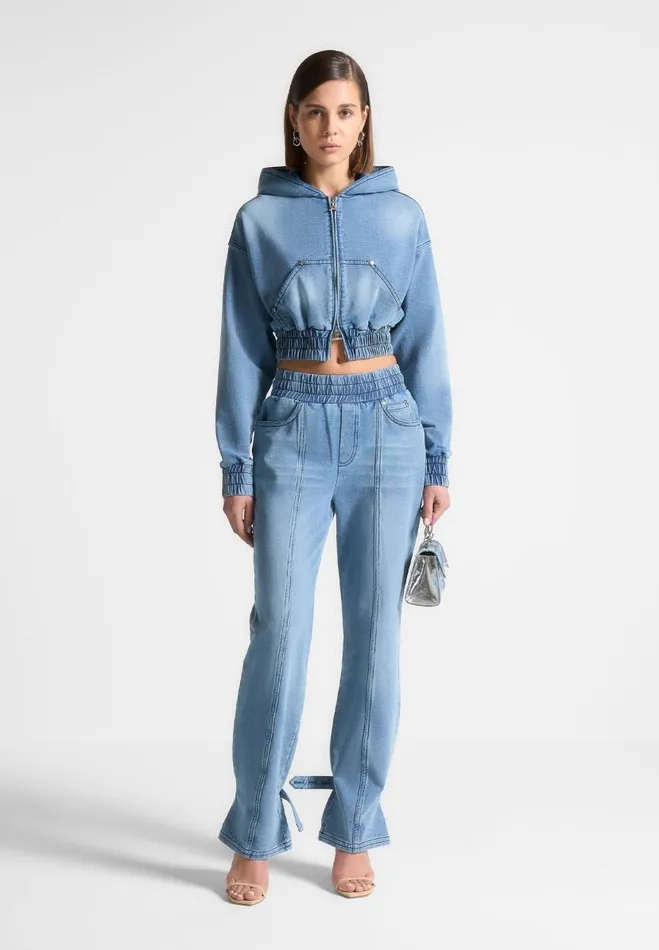 Manire De Voir Cargo Pants and Joggers Manire De Voir Woman Washed Denim Jersey Joggers 8211 Mid Blue Manire De Voir Cargo Pants and Joggers Manire De Voir Woman Washed Denim Jersey Joggers 8211 Mid Blue