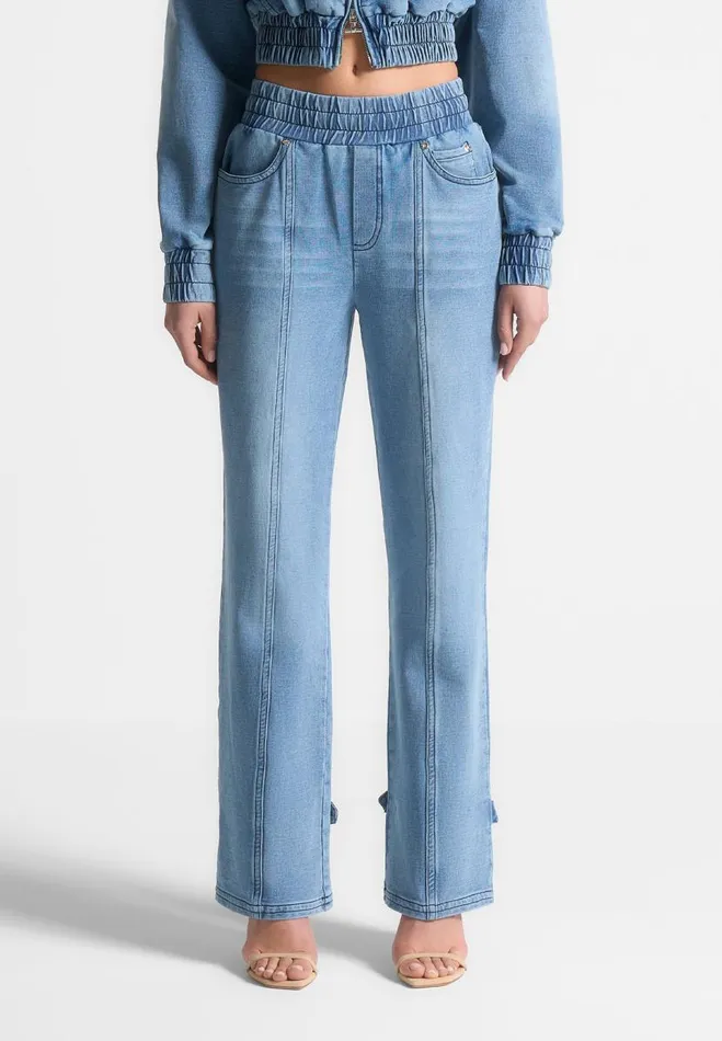 Manire De Voir Cargo Pants and Joggers Manire De Voir Woman Washed Denim Jersey Joggers 8211 Mid Blue