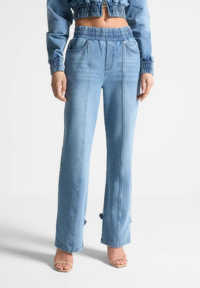 Manire De Voir Cargo Pants and Joggers Manire De Voir Woman Washed Denim Jersey Joggers 8211 Mid Blue