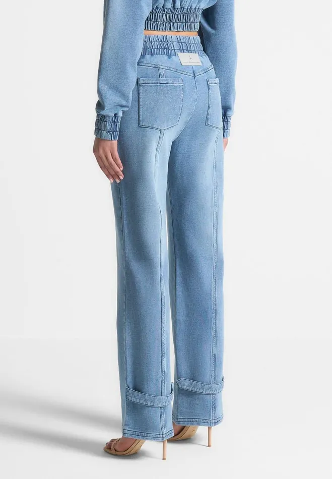 Manire De Voir Cargo Pants and Joggers Manire De Voir Woman Washed Denim Jersey Joggers 8211 Mid Blue