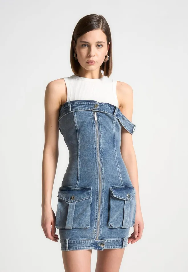 Manire De Voir Dresses Manire De Voir Woman Denim Racer Neck Rib Cargo Dress 8211 Mid BlueWhite