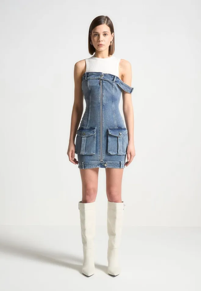 Manire De Voir Dresses Manire De Voir Woman Denim Racer Neck Rib Cargo Dress 8211 Mid BlueWhite