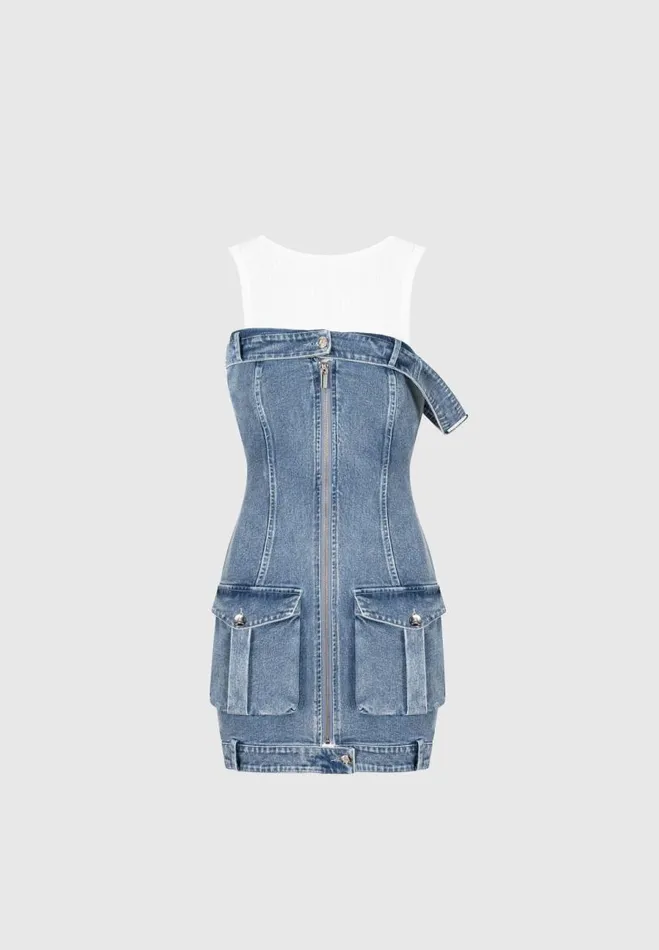 Manire De Voir Dresses Manire De Voir Woman Denim Racer Neck Rib Cargo Dress 8211 Mid BlueWhite