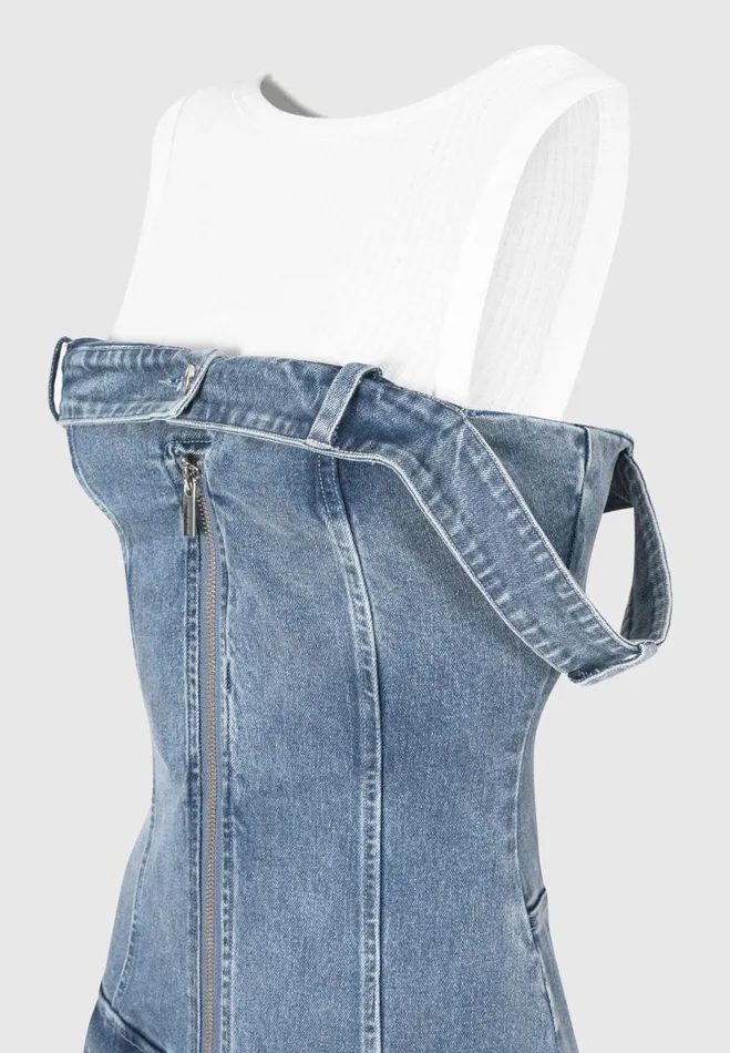 Manire De Voir Dresses Manire De Voir Woman Denim Racer Neck Rib Cargo Dress 8211 Mid BlueWhite