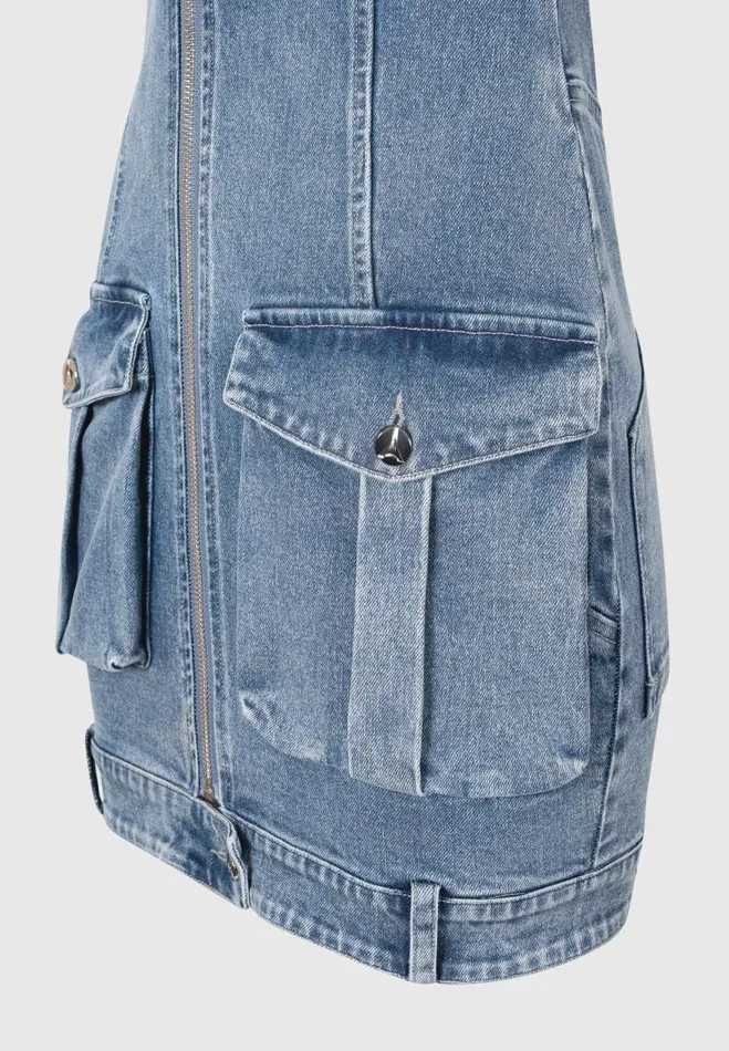 Manire De Voir Dresses Manire De Voir Woman Denim Racer Neck Rib Cargo Dress 8211 Mid BlueWhite