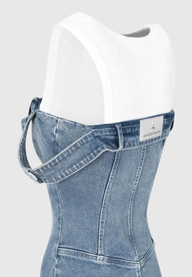 Manire De Voir Dresses Manire De Voir Woman Denim Racer Neck Rib Cargo Dress 8211 Mid BlueWhite