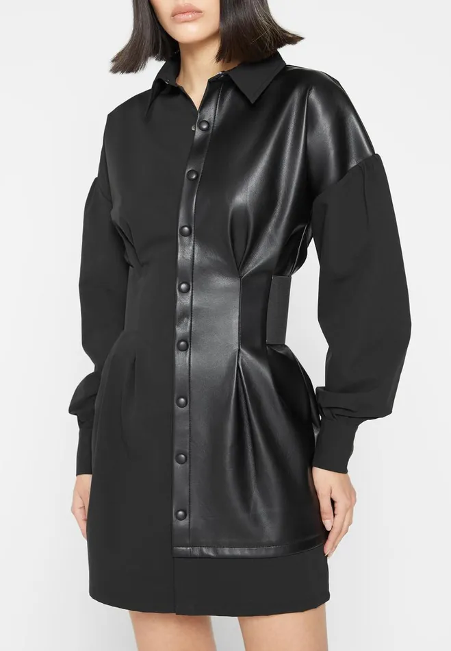 Manire De Voir Dresses Manire De Voir Woman Half Vegan Leather Shirt Dress 8211 Black