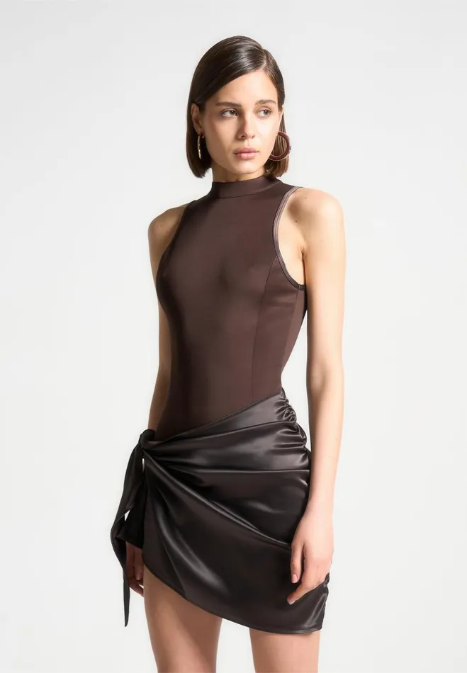 Manire De Voir Dresses Manire De Voir Woman Neoprene and Satin Wrap Bodycon Dress 8211 Brown Manire De Voir Dresses Manire De Voir Woman Neoprene and Satin Wrap Bodycon Dress 8211 Brown