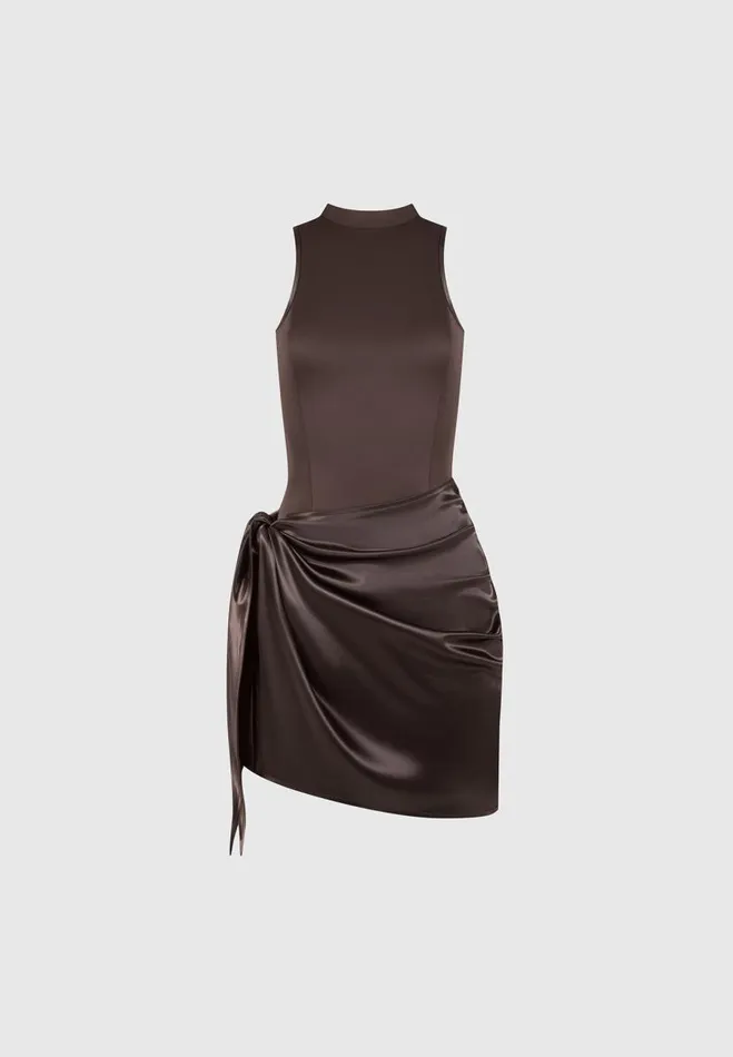 Manire De Voir Dresses Manire De Voir Woman Neoprene and Satin Wrap Bodycon Dress 8211 Brown