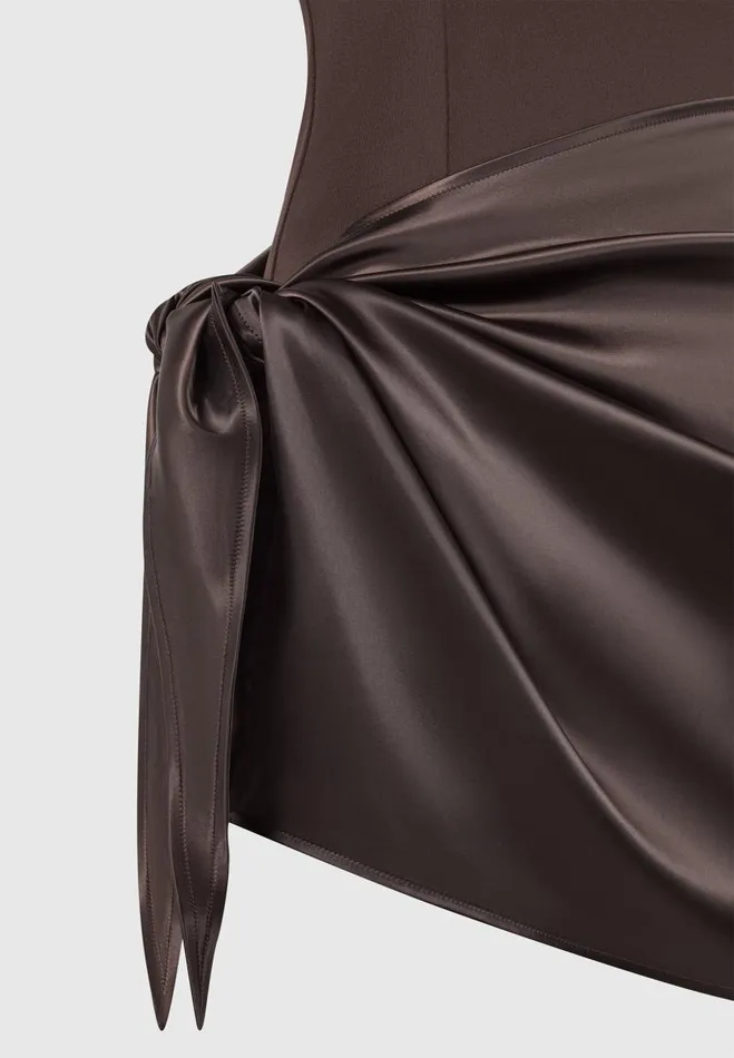 Manire De Voir Dresses Manire De Voir Woman Neoprene and Satin Wrap Bodycon Dress 8211 Brown