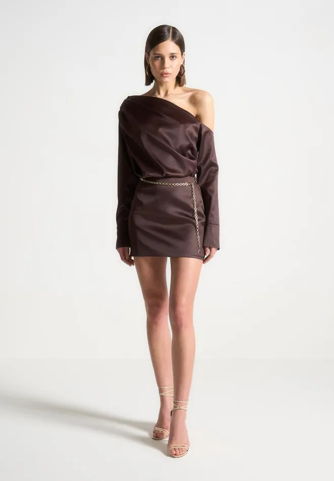Manire De Voir Dresses Manire De Voir Woman Off Shoulder Draped Satin Mini Dress With Belt 8211 Brown