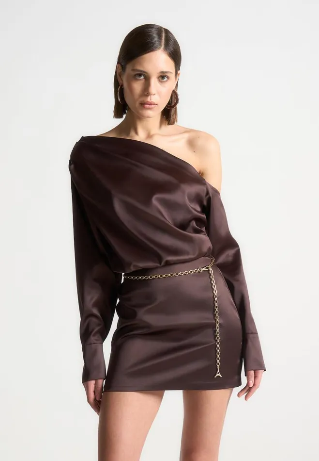 Manire De Voir Dresses Manire De Voir Woman Off Shoulder Draped Satin Mini Dress With Belt 8211 Brown