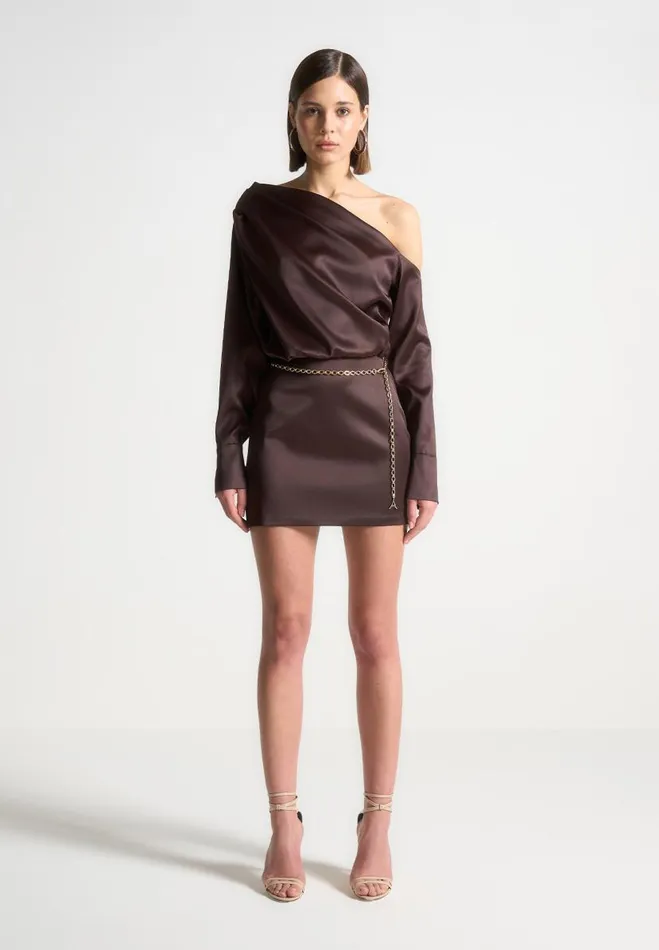 Manire De Voir Dresses Manire De Voir Woman Off Shoulder Draped Satin Mini Dress With Belt 8211 Brown