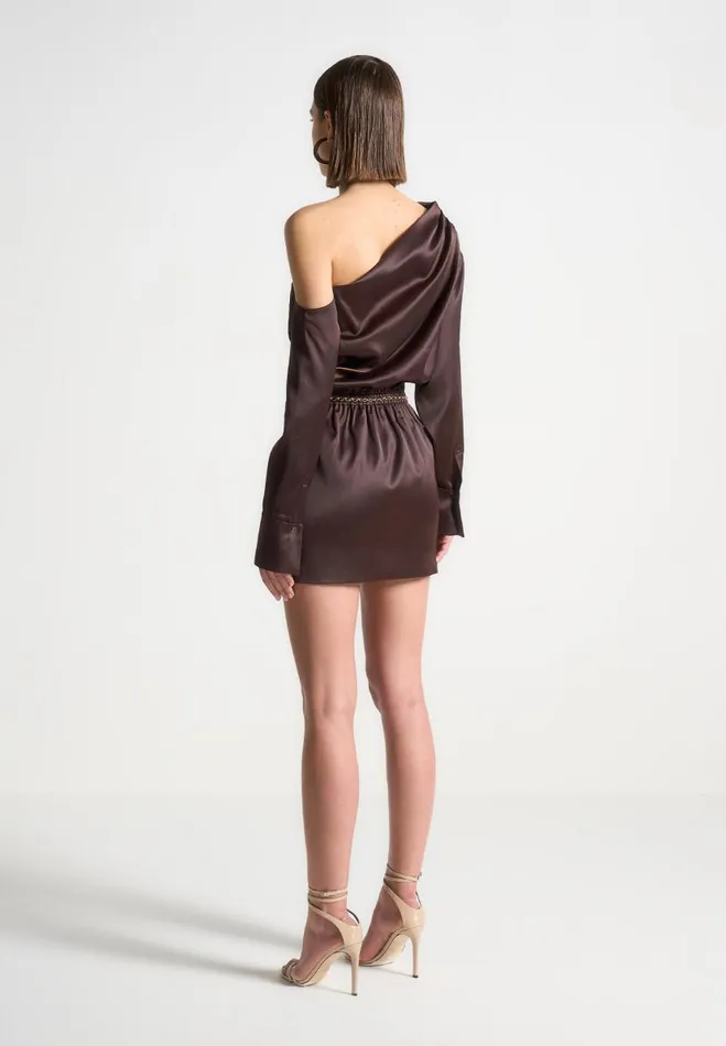 Manire De Voir Dresses Manire De Voir Woman Off Shoulder Draped Satin Mini Dress With Belt 8211 Brown