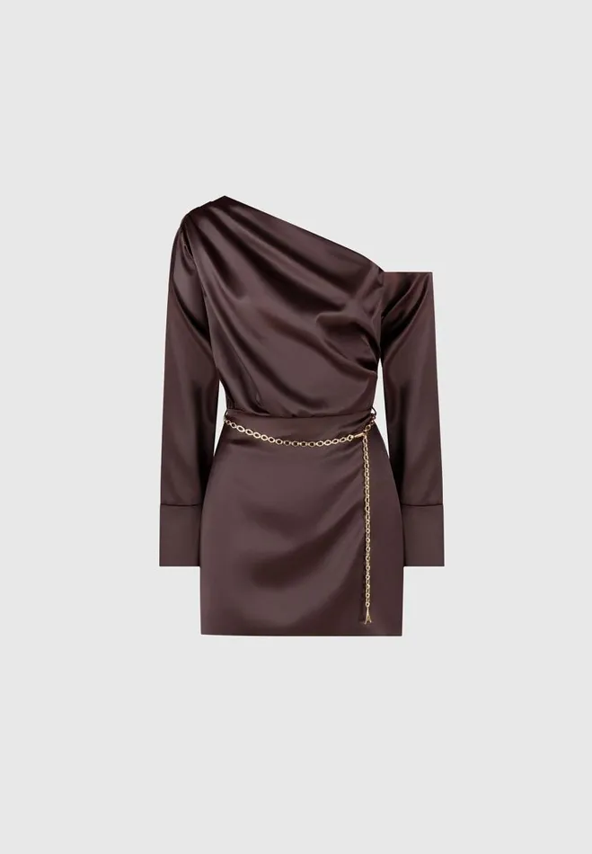 Manire De Voir Dresses Manire De Voir Woman Off Shoulder Draped Satin Mini Dress With Belt 8211 Brown