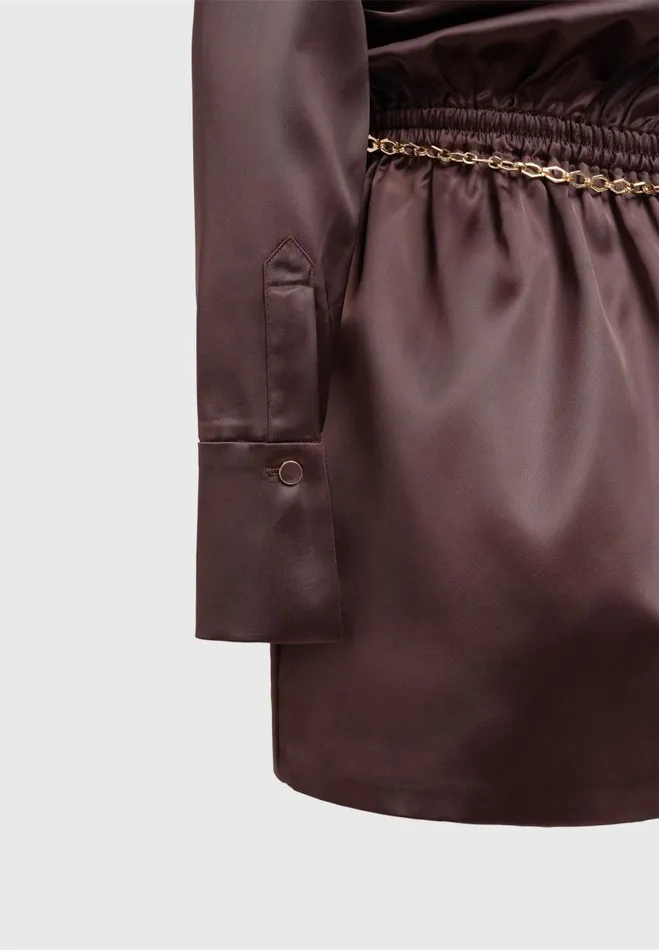Manire De Voir Dresses Manire De Voir Woman Off Shoulder Draped Satin Mini Dress With Belt 8211 Brown