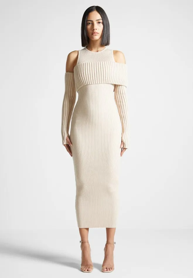 Manire De Voir Dresses Manire De Voir Woman Overlay Knitted Midaxi Dress 8211 Beige