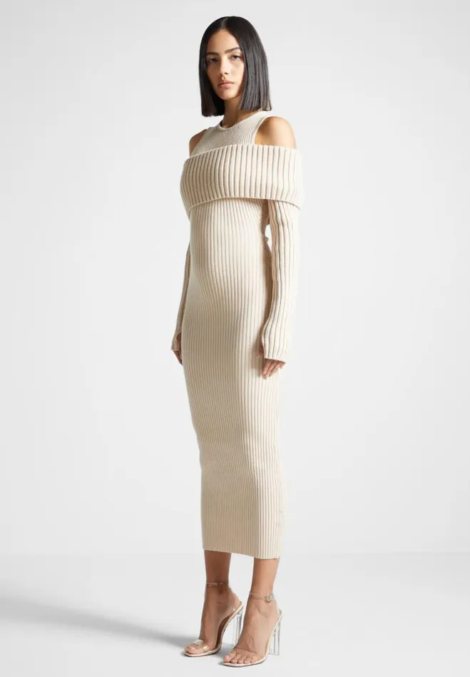 Manire De Voir Dresses Manire De Voir Woman Overlay Knitted Midaxi Dress 8211 Beige