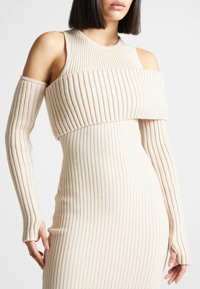 Manire De Voir Dresses Manire De Voir Woman Overlay Knitted Midaxi Dress 8211 Beige