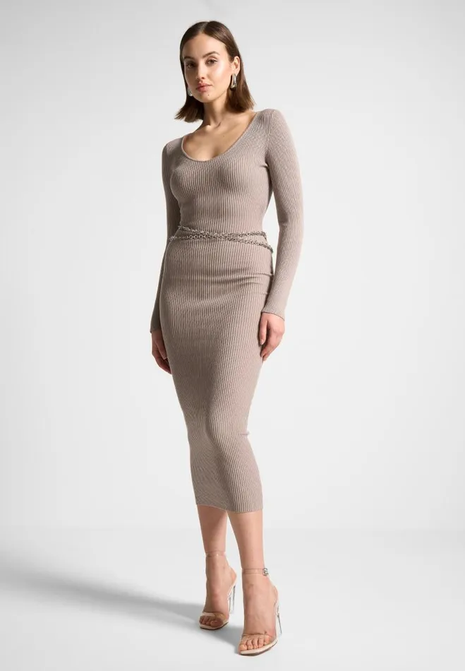 Manire De Voir Dresses Manire De Voir Woman Ribbed Knit Midaxi Dress With Chain Belt 8211 Taupe