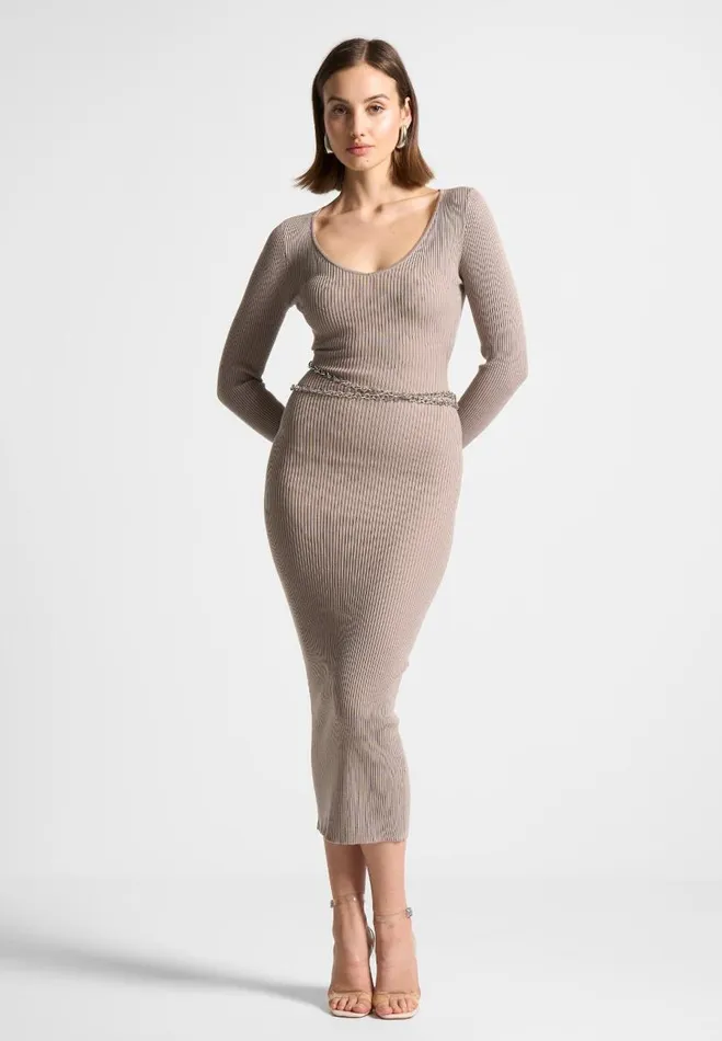 Manire De Voir Dresses Manire De Voir Woman Ribbed Knit Midaxi Dress With Chain Belt 8211 Taupe