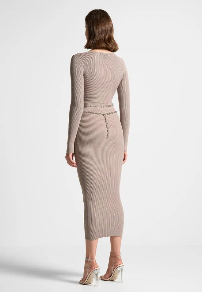 Manire De Voir Dresses Manire De Voir Woman Ribbed Knit Midaxi Dress With Chain Belt 8211 Taupe