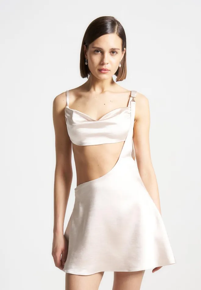 Manire De Voir Dresses Manire De Voir Woman Satin Bralette Fluted Mini Dress 8211 Pearl Manire De Voir Dresses Manire De Voir Woman Satin Bralette Fluted Mini Dress 8211 Pearl
