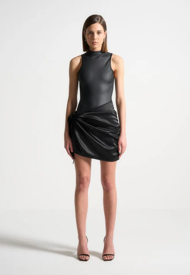 Manire De Voir Dresses Manire De Voir Woman Vegan Leather and Satin Wrap Bodycon Dress 8211 Black Manire De Voir Dresses Manire De Voir Woman Vegan Leather and Satin Wrap Bodycon Dress 8211 Black