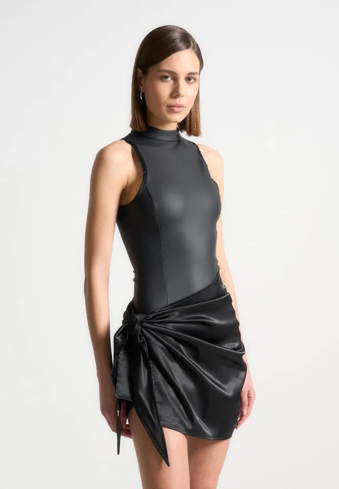Manire De Voir Dresses Manire De Voir Woman Vegan Leather and Satin Wrap Bodycon Dress 8211 Black