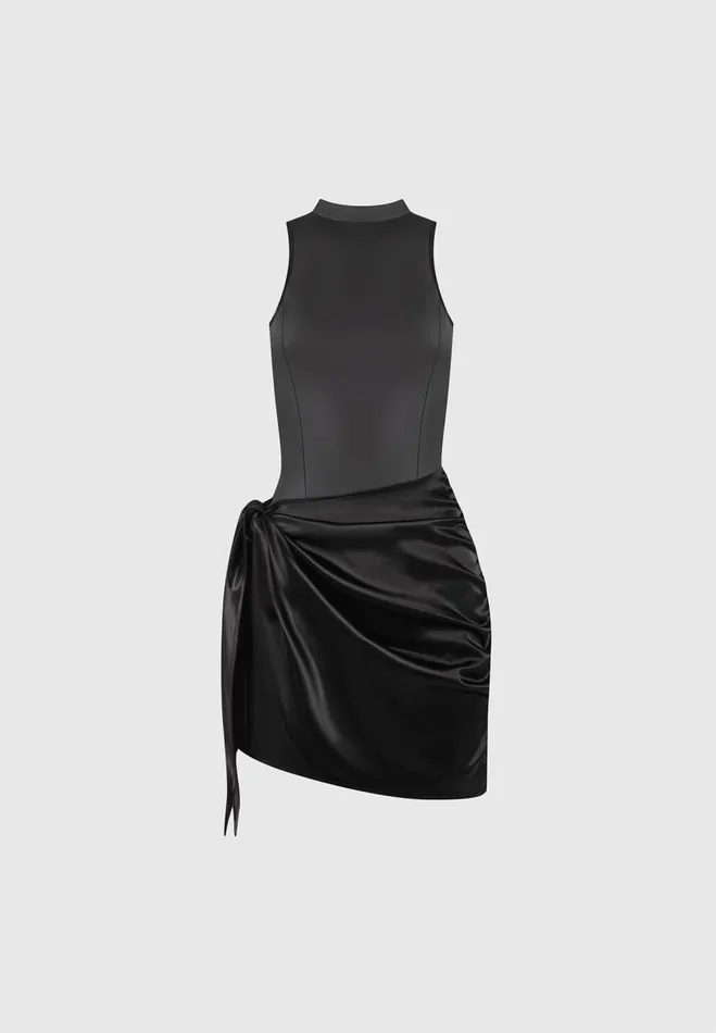 Manire De Voir Dresses Manire De Voir Woman Vegan Leather and Satin Wrap Bodycon Dress 8211 Black