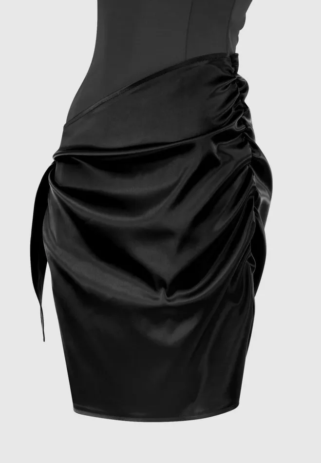 Manire De Voir Dresses Manire De Voir Woman Vegan Leather and Satin Wrap Bodycon Dress 8211 Black