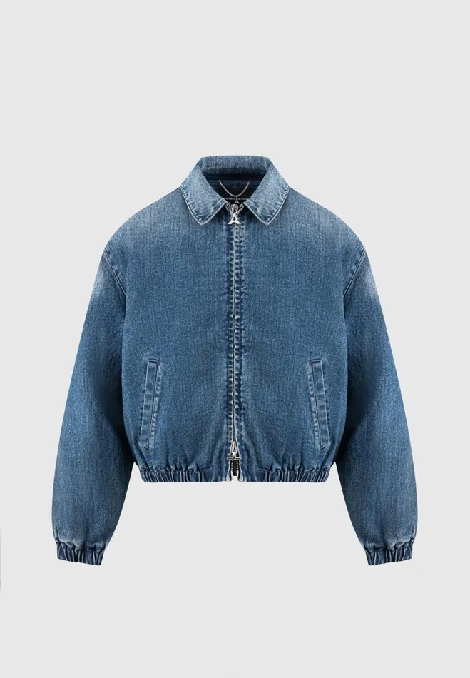 Manire De Voir Jackets Manire De Voir Man Denim Padded Cropped Bomber Jacket 8211 Mid Blue