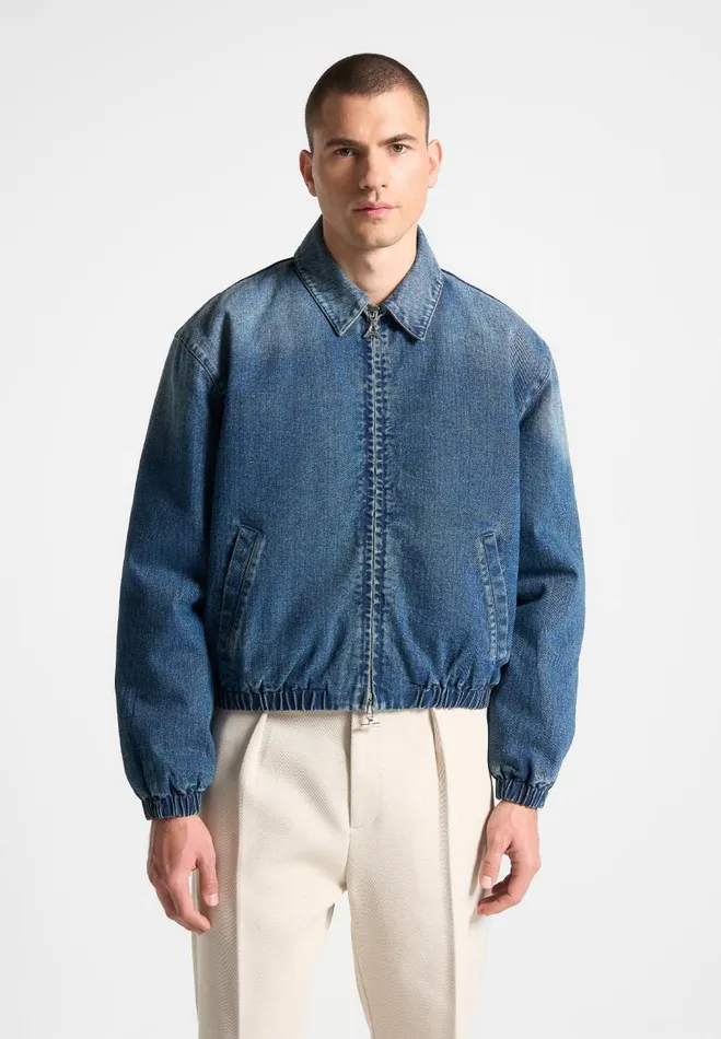 Manire De Voir Jackets Manire De Voir Man Denim Padded Cropped Bomber Jacket 8211 Mid Blue