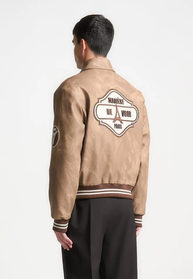 Manire De Voir Jackets Manire De Voir Man Vintage Marble Varsity Jacket 8211 Brown