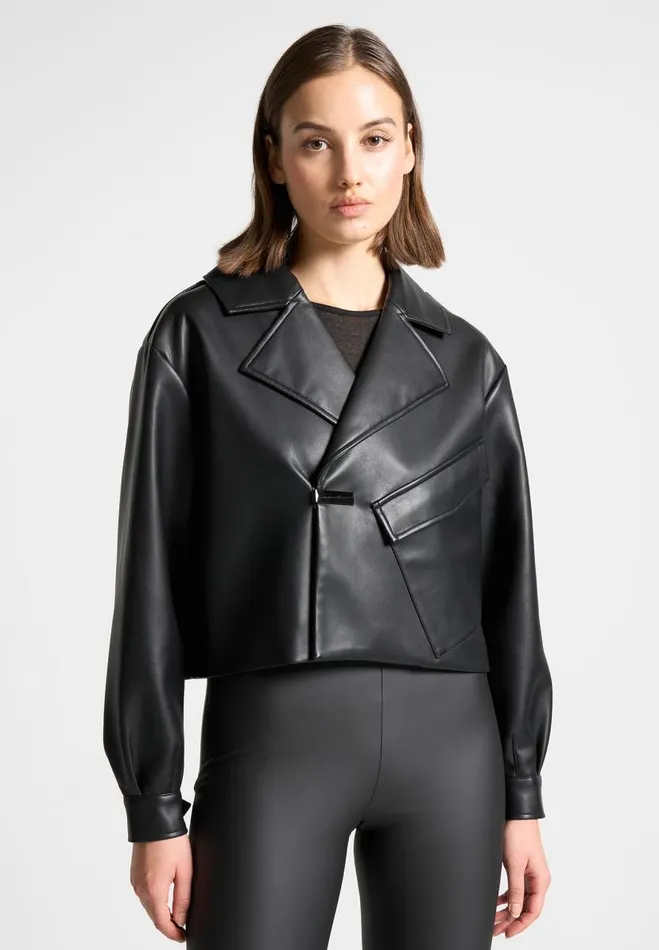 Manire De Voir Jackets Manire De Voir Woman Double Breasted Vegan Leather Biker Jacket 8211 Black Manire De Voir Jackets Manire De Voir Woman Double Breasted Vegan Leather Biker Jacket 8211 Black