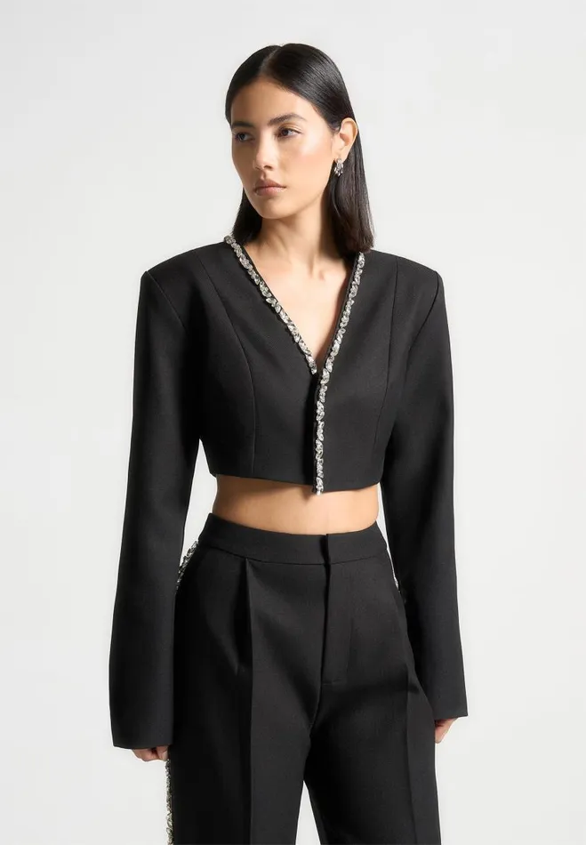 Manire De Voir Jackets Manire De Voir Woman Embellished Cropped Blazer 8211 Black Manire De Voir Jackets Manire De Voir Woman Embellished Cropped Blazer 8211 Black