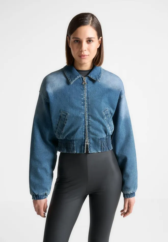 Manire De Voir Jackets Manire De Voir Woman Padded Cropped Denim Bomber Jacket 8211 Mid Blue Manire De Voir Jackets Manire De Voir Woman Padded Cropped Denim Bomber Jacket 8211 Mid Blue