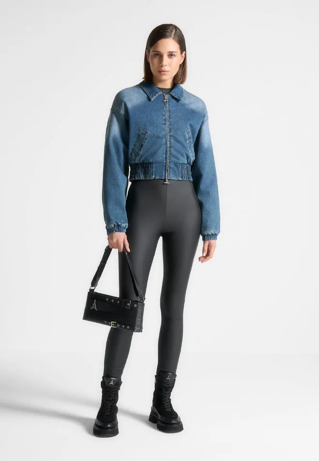 Manire De Voir Jackets Manire De Voir Woman Padded Cropped Denim Bomber Jacket 8211 Mid Blue