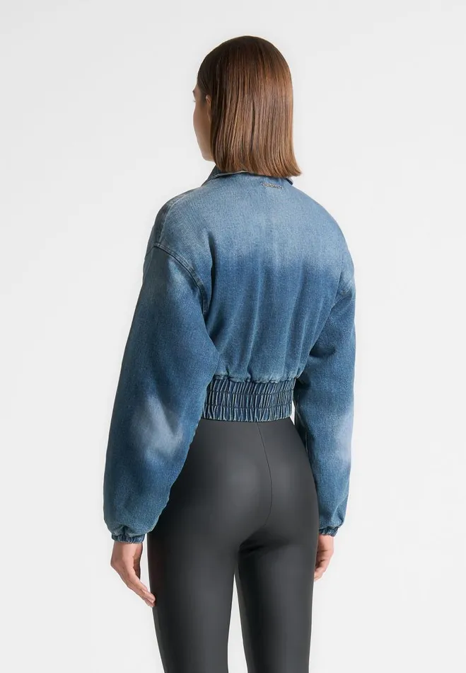 Manire De Voir Jackets Manire De Voir Woman Padded Cropped Denim Bomber Jacket 8211 Mid Blue