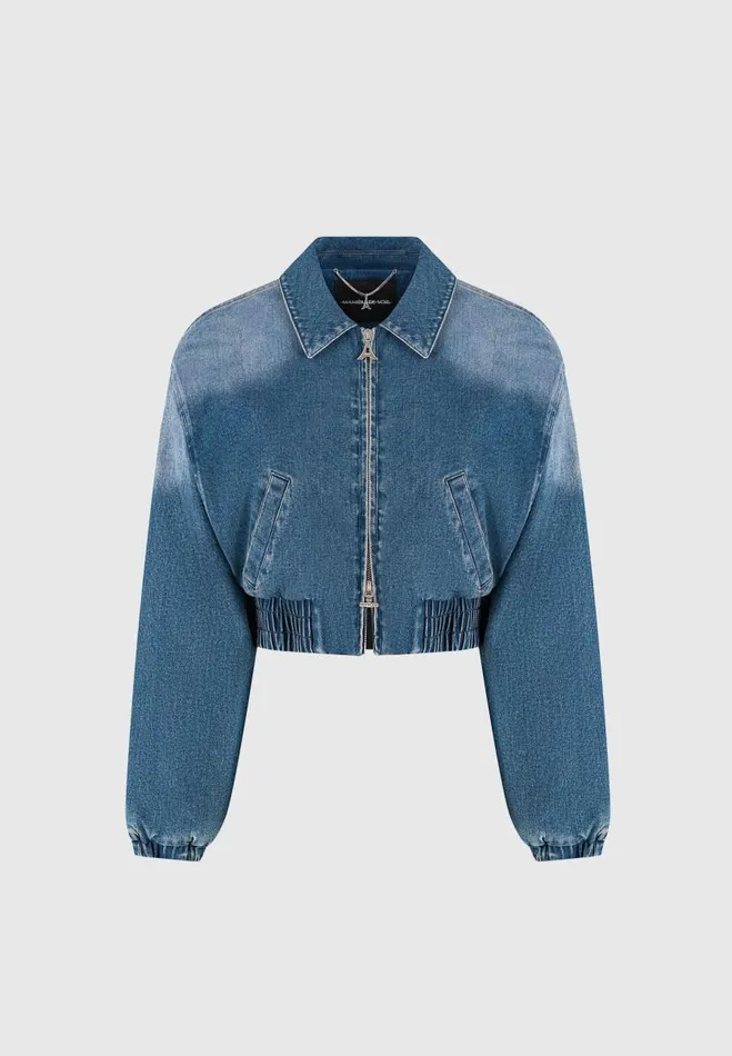Manire De Voir Jackets Manire De Voir Woman Padded Cropped Denim Bomber Jacket 8211 Mid Blue